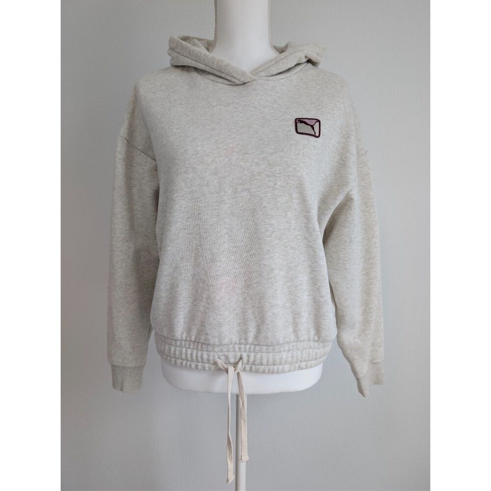 Puma Women's Cropped Pullover Hoodie Cream Beige Drawstring Size Medium